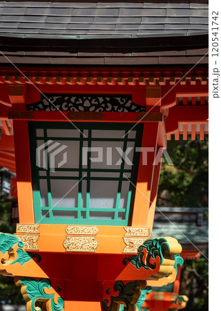 Red painted lantern at Kumano Nachi Taisha Grand Shinto shrine in Nachisan in Wakayama prefecture of Japan 120541742