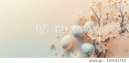 Elegant Easter Banner with Pastel Background Featuring Eggs and Blossoming Flowers for Spring Design 120541743