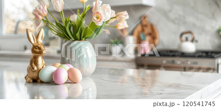 Elegant Easter Kitchen Decor with Tulips, Pastel Eggs, and Golden Bunny Figurine 120541745