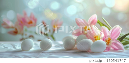 Minimalist Easter Decor with Pastel Eggs and Soft Pink Flowers for Spring Elegance 120541747