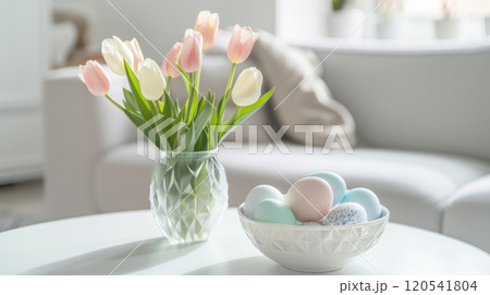 Modern Easter Living Room with Minimalist Decor and Pastel Tulips for Spring Vibes 120541804