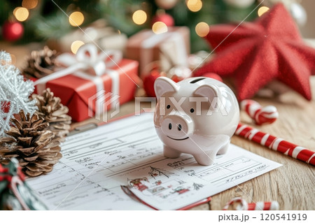 Holiday Savings Concept with Piggy Bank and Gift Planning for Festive Budget Management 120541919