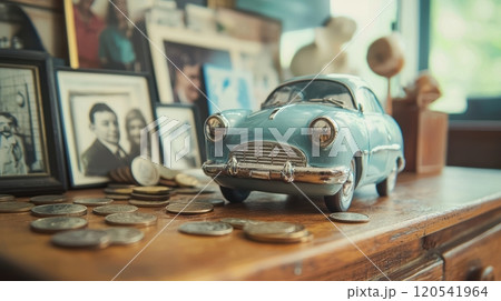 Vintage Car Piggy Bank with Nostalgic Family Photos and Coins on Wooden Dresser Decor 120541964