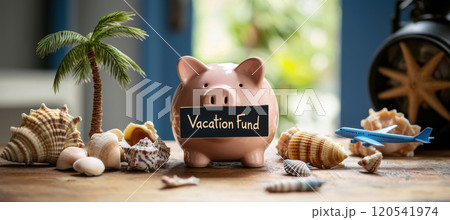 Vacation Savings Concept with Piggy Bank Amidst Tropical Symbols for Travel Planning Vacation Savings Concept with Piggy Bank Amidst Tropical Symbols for Travel Planning 120541974