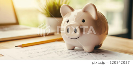 Goal-Oriented Savings Concept with Piggy Bank, Calendar, and Pencil on Organized Workspace 120542037