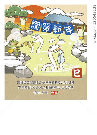 年賀 2025年 巳年 はがき用テンプレート 温泉を満喫するヘビとカエルのイラスト 120542135