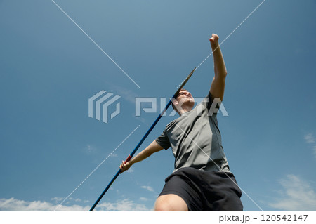 Javelin Thrower Competing Outdoors Under Clear Sky Javelin Thrower Competing Outdoors Under Clear Sky 120542147
