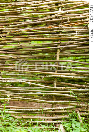 Closeup of fence made of many wooden sticks 120542233