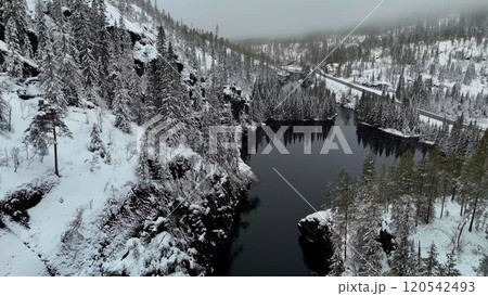 Drone Flight Over Northern Norways Snow-Covered Trees and Winter Fairy Tale  120542493