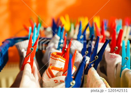 clothes hanging to dry on a laundry line 120542531