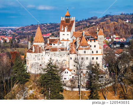 Aerial drone view of Bran Castle in autumn season Aerial drone view of Bran Castle in autumn season 120543031