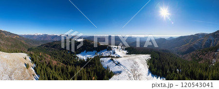 Aerial drone view of Bucegi Mountains in autumn season with snow Aerial drone view of Bucegi Mountains in autumn season with snow 120543041