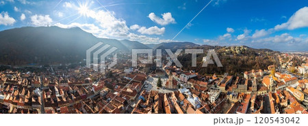 Aerial drone view of Brasov city old center in autumn season Aerial drone view of Brasov city old center in autumn season 120543042