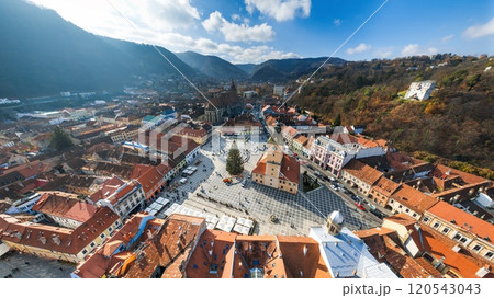 Aerial drone view of Brasov city old center in autumn season 120543043