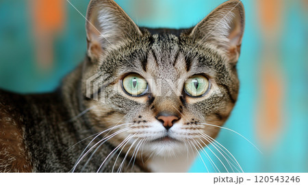 緑の目を持つキジトラ猫のクローズアップポー. 120543246