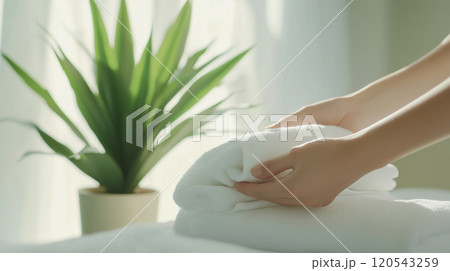 清潔な白いタオルを丁寧にたたむ手 120543259