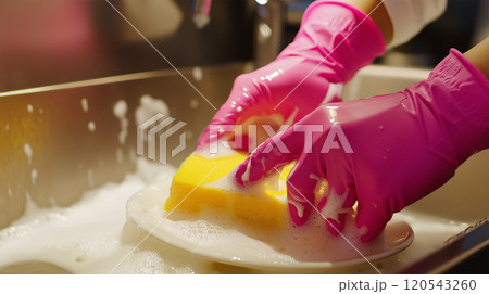 ピンクのゴム手袋で皿を洗う手 120543260