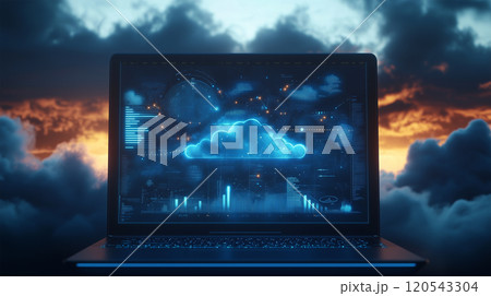 青い雲のインターフェースを表示する未来的な. 120543304