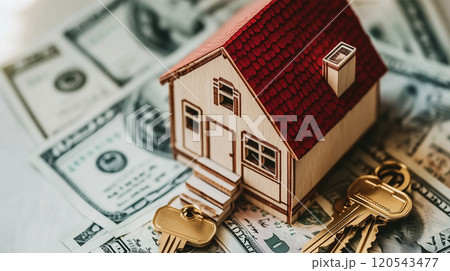 ドル紙幣と鍵の上に置かれた木製の家 120543477