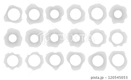 Line art, thin lines in the circle, ring. Abstract vertical wavy stripes on white background isolated. Round frames with lines, organic shapes. Wavy round thin line art frames. Line art, thin lines in the circle, ring. Abstract vertical wavy stripes on white background isolated. Round frames with lines, organic shapes. Wavy round thin line art frames. 120545053