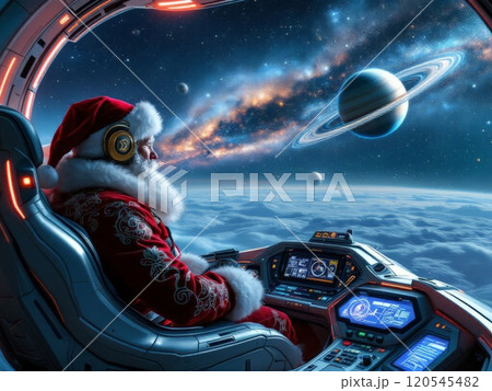 Christmas poster of Santa Claus flying in an intergalactic sleigh in outer space. High quality illustration 120545482