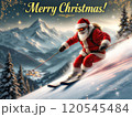 Christmas poster of Santa Claus riding down the mountain on alpine skis . High quality illustration 120545484