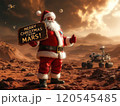 Christmas poster of Santa Claus on Mars wishing everyone a Merry Christmas. High quality illustration 120545485