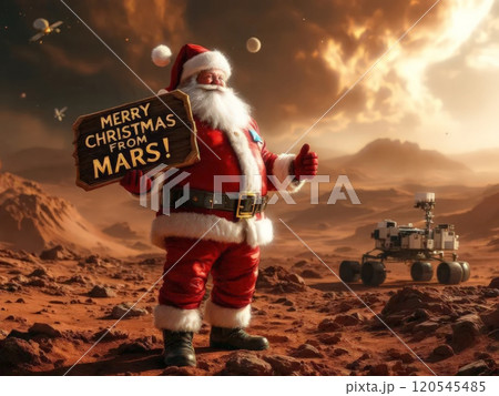 Christmas poster of Santa Claus on Mars wishing everyone a Merry Christmas. High quality illustration 120545485
