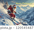 Christmas poster of Santa Claus riding down the mountain on alpine skis . High quality illustration 120545487