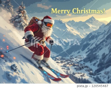 Christmas poster of Santa Claus riding down the mountain on alpine skis . High quality illustration 120545487