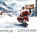 Christmas poster of Santa Claus riding down a mountain on a snowboard. High quality illustration 120545489