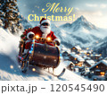 Christmas poster of Santa Claus riding down the mountain on his sleigh. High quality illustration 120545490