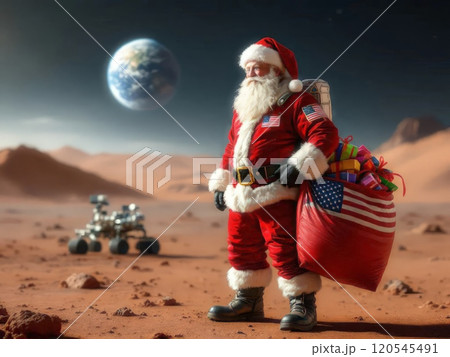 Christmas poster of Santa Claus on a desert planet standing with a sack of presents for aliens. High quality illustration 120545491