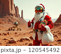 Christmas poster of Santa Claus on Mars wishing everyone a Merry Christmas. High quality illustration 120545492