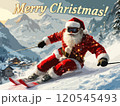 Christmas poster of Santa Claus riding down the mountain on alpine skis . High quality illustration 120545493