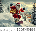 Christmas poster of Santa Claus riding down a mountain on a snowboard. High quality illustration 120545494