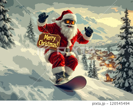 Christmas poster of Santa Claus riding down a mountain on a snowboard. High quality illustration 120545494