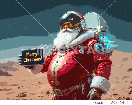 Christmas poster of Santa Claus on Mars wishing everyone a Merry Christmas. High quality illustration 120545496