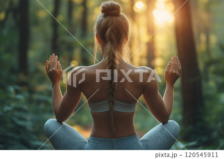 Woman sitting in a yoga pose in a forest, her back facing the sunlight filtering through trees 120545911