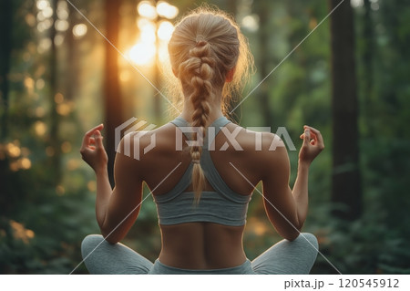 Fit woman in a forest meditating with a braided hairstyle, sitting in a yoga pose at sunrise 120545912