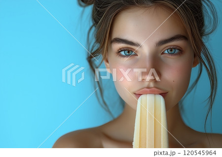 A girl with soft features holds a yellow popsicle against a pastel blue background giving calm gaze 120545964