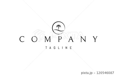 Vector logo with an abstract image of a palm tree with a wave against the background of the sun. Vector logo with an abstract image of a palm tree with a wave against the background of the sun. 120546087