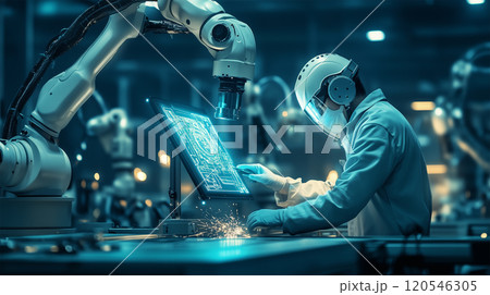 未来工場でホログラム設計図を分析する日本人. 未来工場でホログラム設計図を分析する日本人. 120546305