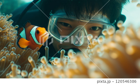 クマノミと戯れる日本人ダイバー 120546386