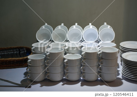Ceramic tableware on a table in a restaurant, stock photo Ceramic tableware on a table in a restaurant, stock photo 120546411