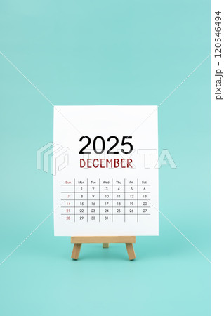 Calendar page December of the year 2025 white color on green background. Calendar page December of the year 2025 white color on green background. 120546494