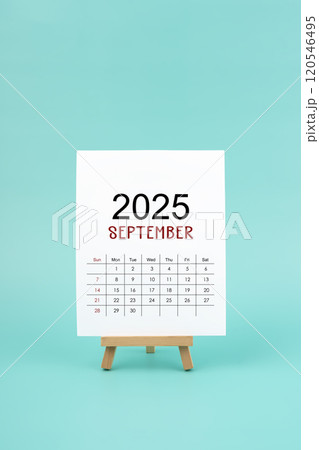 Calendar page September of the year 2025 white color on green background. 120546495