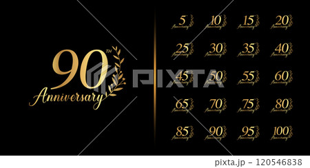 Premium anniversary logotype set. Golden anniversary celebration emblem design. Premium anniversary logotype set. Golden anniversary celebration emblem design. 120546838