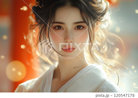 白い着物と赤い袴の巫女：鳥居と朝陽が彩る日本の神秘的な瞬間 120547178