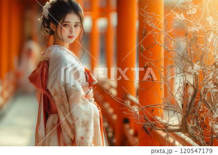 白い着物と赤い袴の巫女：鳥居と朝陽が彩る日本の神秘的な瞬間 120547179
